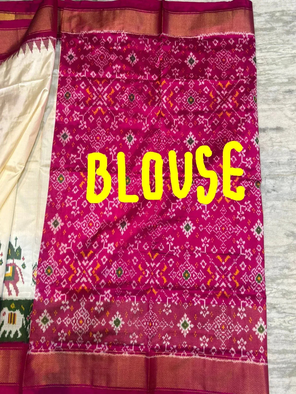 Pure Handloom Ikkat Silk Saree in Cream & Magenta | Traditional Pochampally Silk with Elephant Motifs, Temple Zari Border & Designer Pallu | Wedding & Festive Wear - pochampallysarees.com