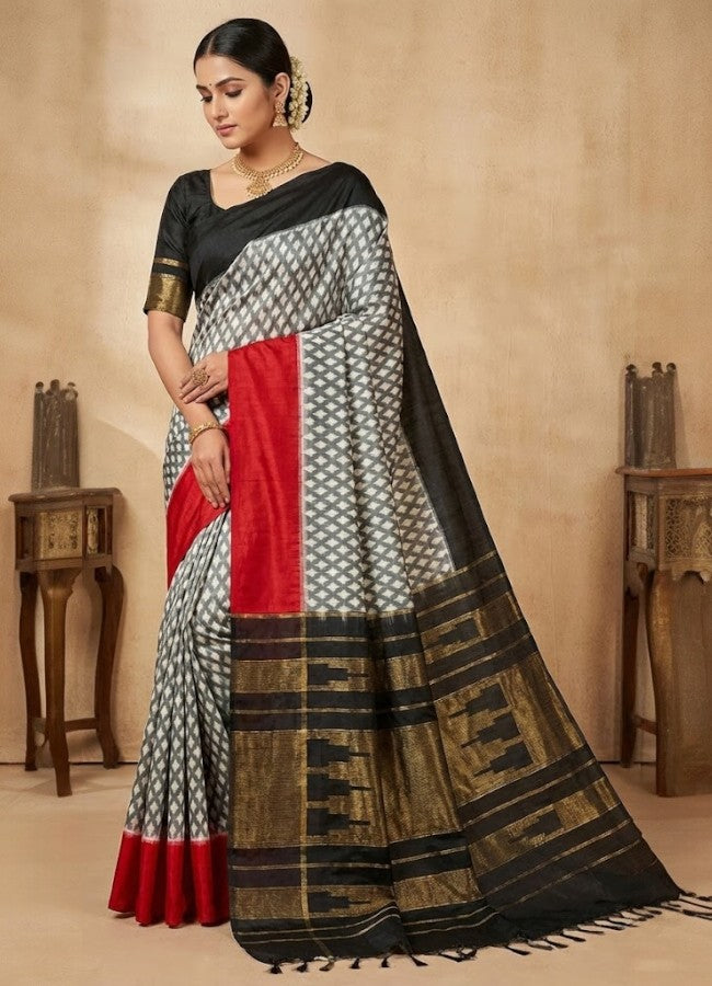 POCHAMPALLY IKKAT SILK GRAY BLACK RED SARI