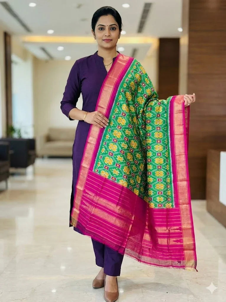 Ikkat Silk Dupatta Green Pink - pochampallysarees.com