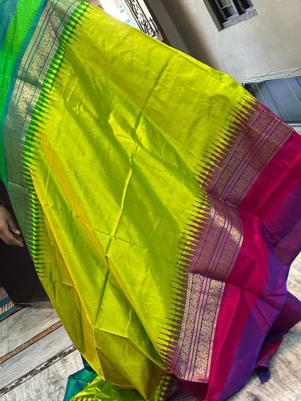 Pochampally Ikkat Silk Sari ,Ganga Jamuna sari, green,purple - pochampallysarees.com