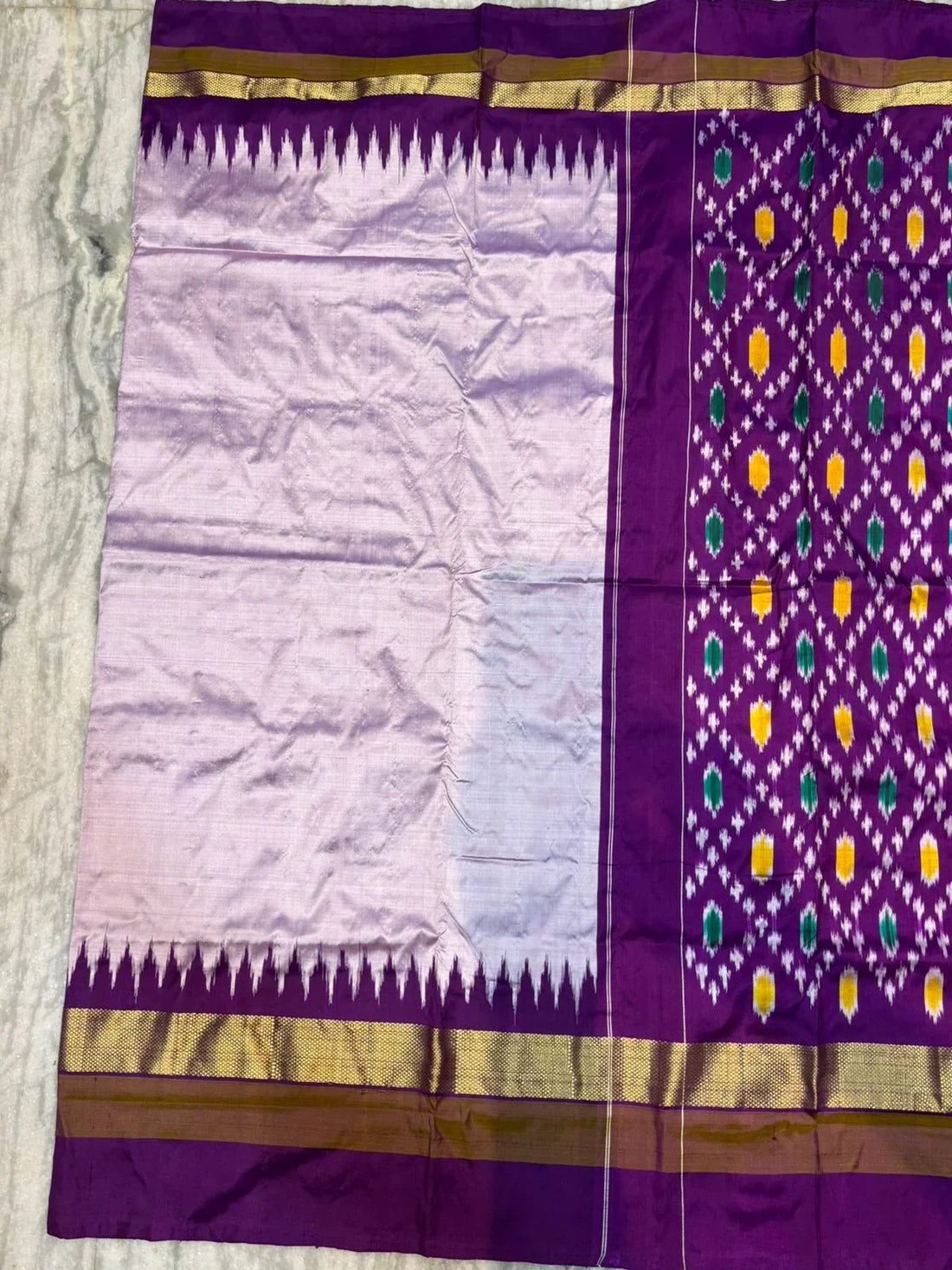 Pure Ikkat Silk Saree - Light Lavender & Royal Purple with Temple Border | Traditional Festive Wear - pochampallysarees.com