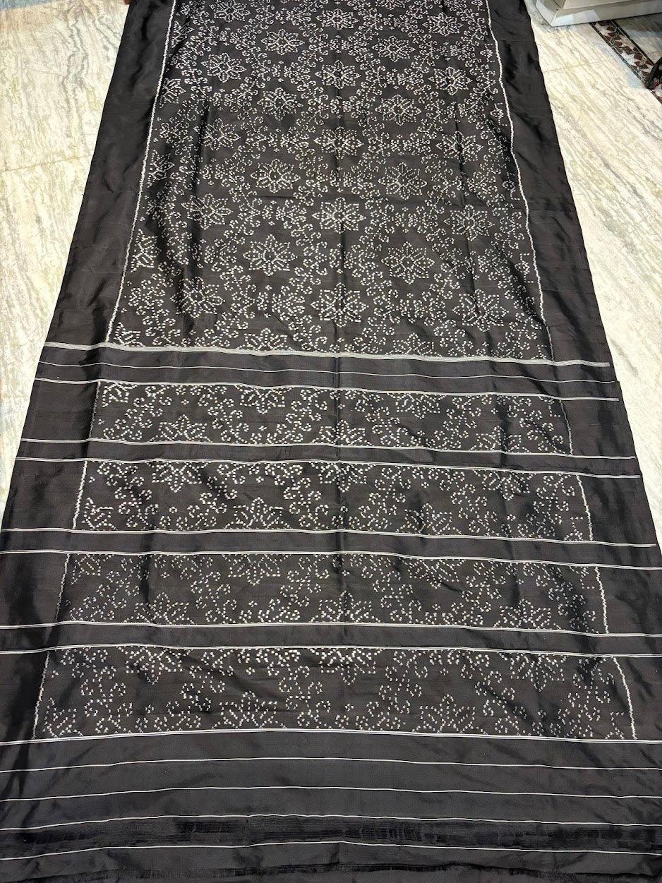 POCHAMPALLY IKKAT SILK PATOLA BLACK SAREE with Intricate Geometric Motifs & Striped Pallu | Traditional Handloom Party Wear - pochampallysarees.com