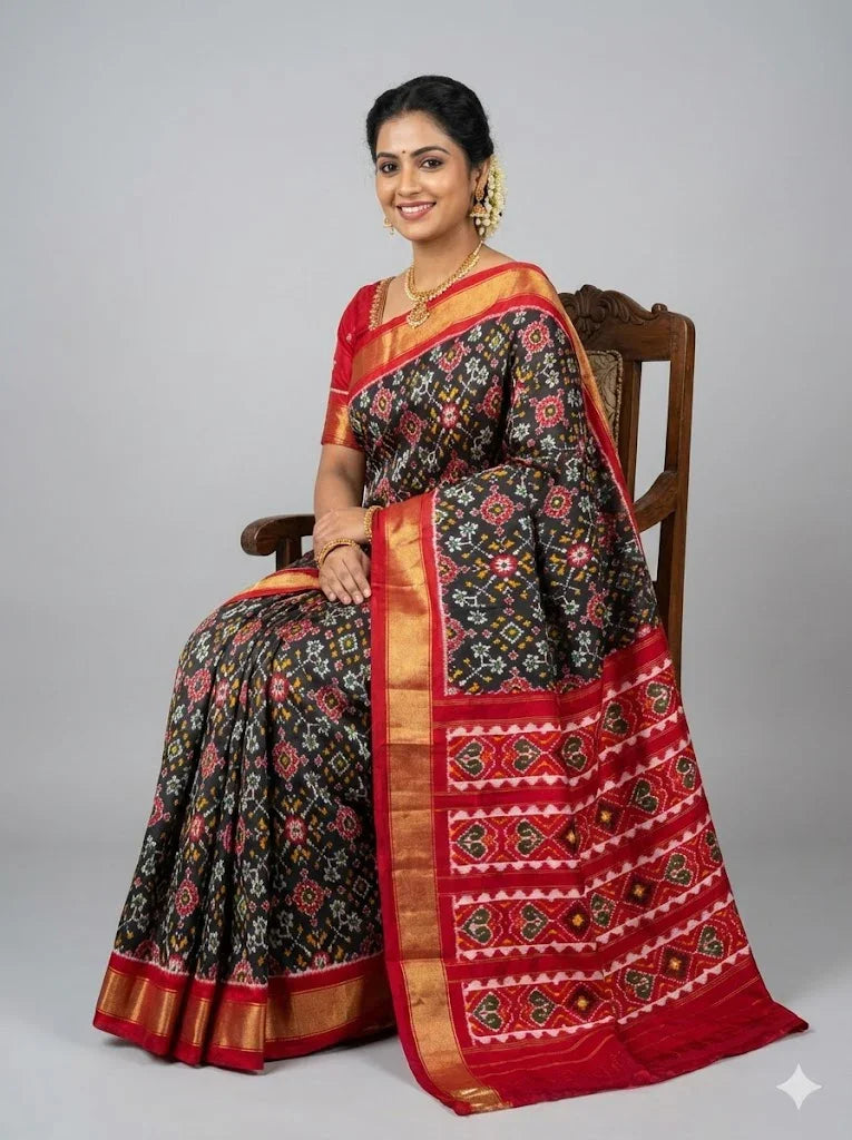 Pochampally Ikat Patola Silk Navy Blue Red Sari - pochampallysarees.com