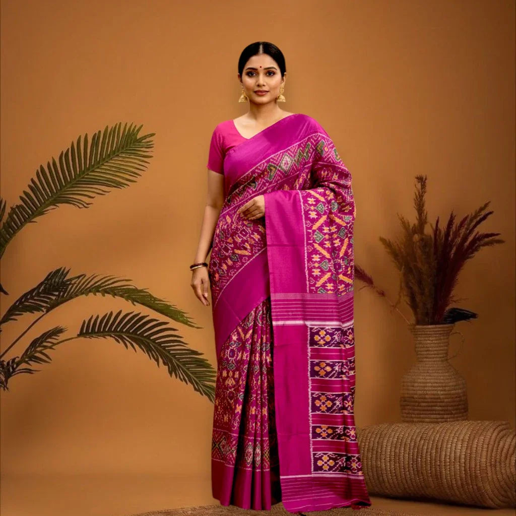POCHAMPALLY IKKAT SILK PATOLA MIDDLE PINK BORDER AND PALLU PINK WITHOUT ZARI PLAIN DESIGN SAREE - pochampallysarees.com