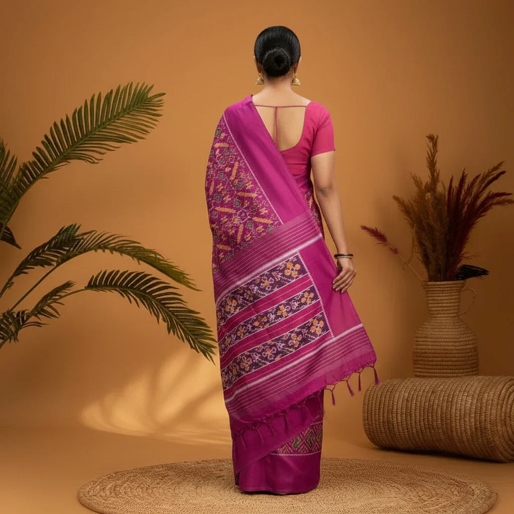 POCHAMPALLY IKKAT SILK PATOLA MIDDLE PINK BORDER AND PALLU PINK WITHOUT ZARI PLAIN DESIGN SAREE - pochampallysarees.com