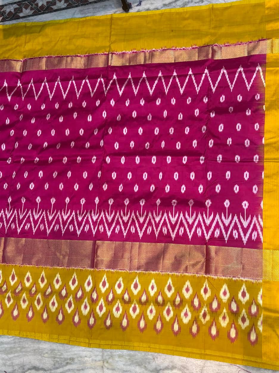 Pure Pochampally Ikkat Silk Saree - Vibrant Magenta & Mustard Yellow with Classic Zari Border | Handwoven Traditional Wear - pochampallysarees.com