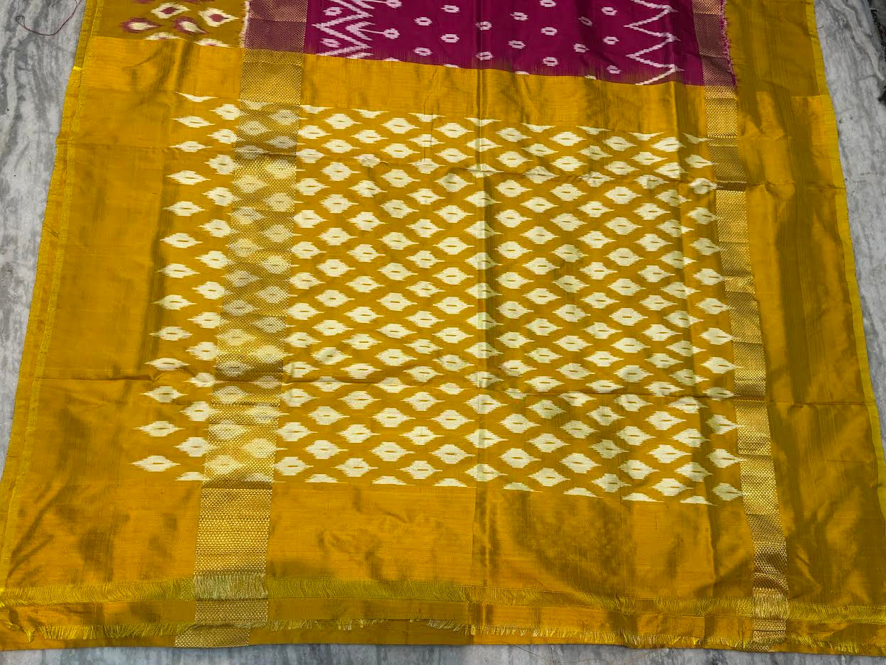 Pure Pochampally Ikkat Silk Saree - Vibrant Magenta & Mustard Yellow with Classic Zari Border | Handwoven Traditional Wear