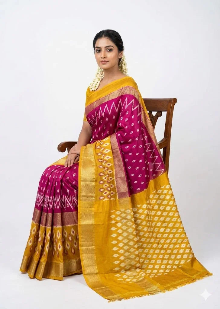Pure Pochampally Ikkat Silk Saree - Vibrant Magenta & Mustard Yellow with Classic Zari Border | Handwoven Traditional Wear - pochampallysarees.com