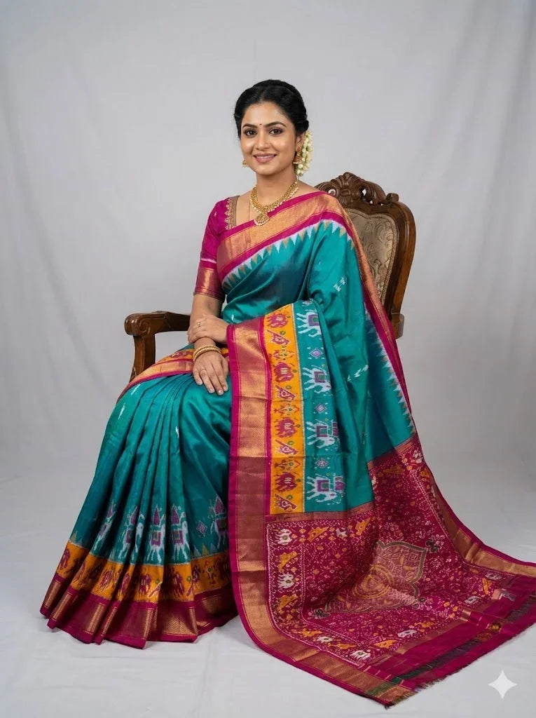 Pure Pochampally Ikkat Silk Saree in Teal & Magenta | Elephant Motif Border | Traditional Handloom Pattu Saree - pochampallysarees.com