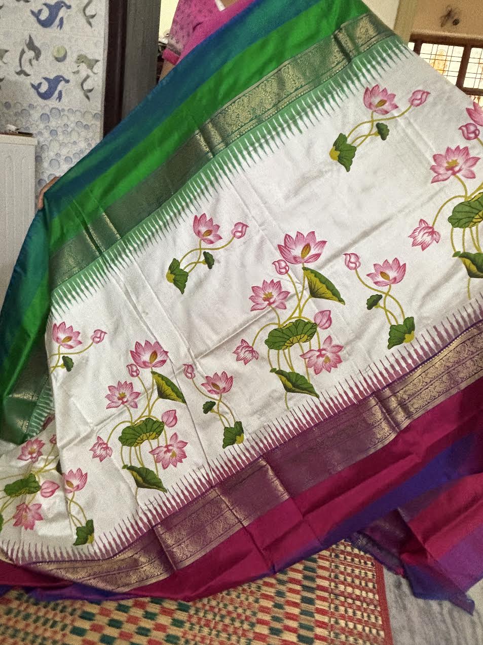 Pure Pochampally Ikkat Silk Kanchi Border Sari Online Cream With Purple Kalamkari Design