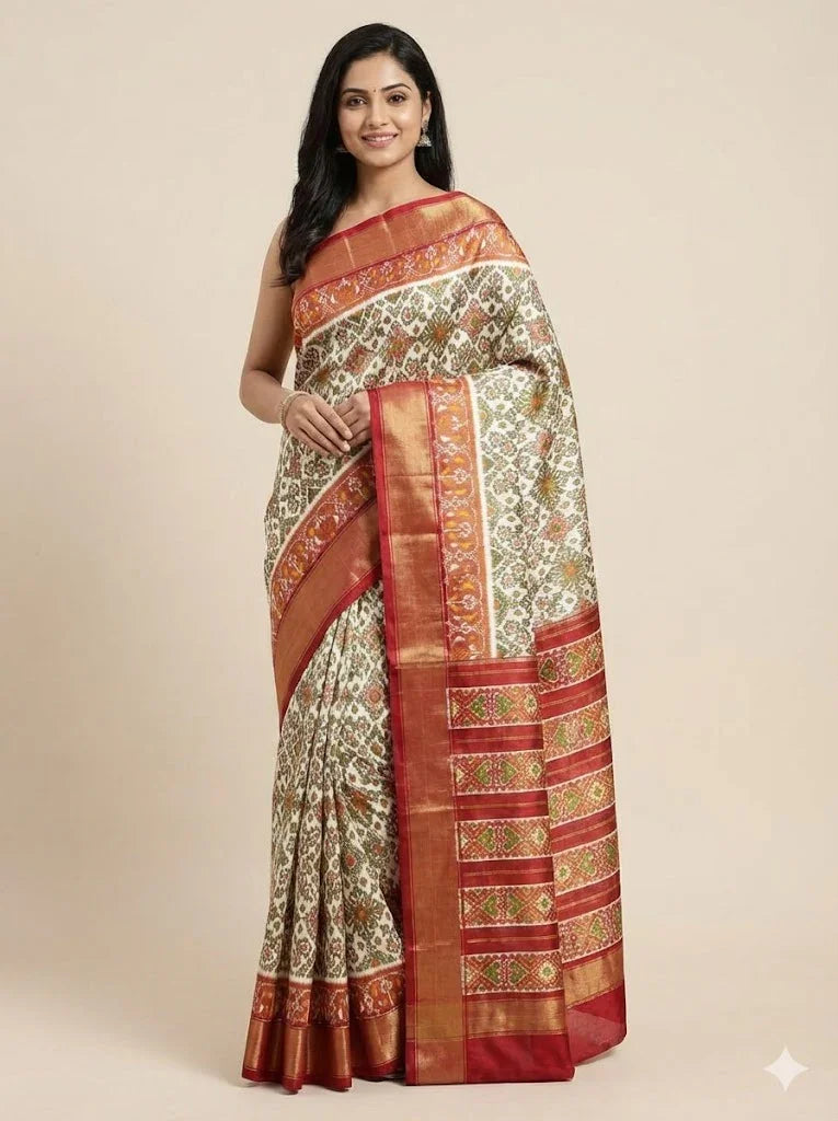 Premium Cream & Copper-Red Ikkat Tissue Silk Saree | Geometric Pochampally Handloom with Zari Border | Festive Wedding Wear - pochampallysarees.com