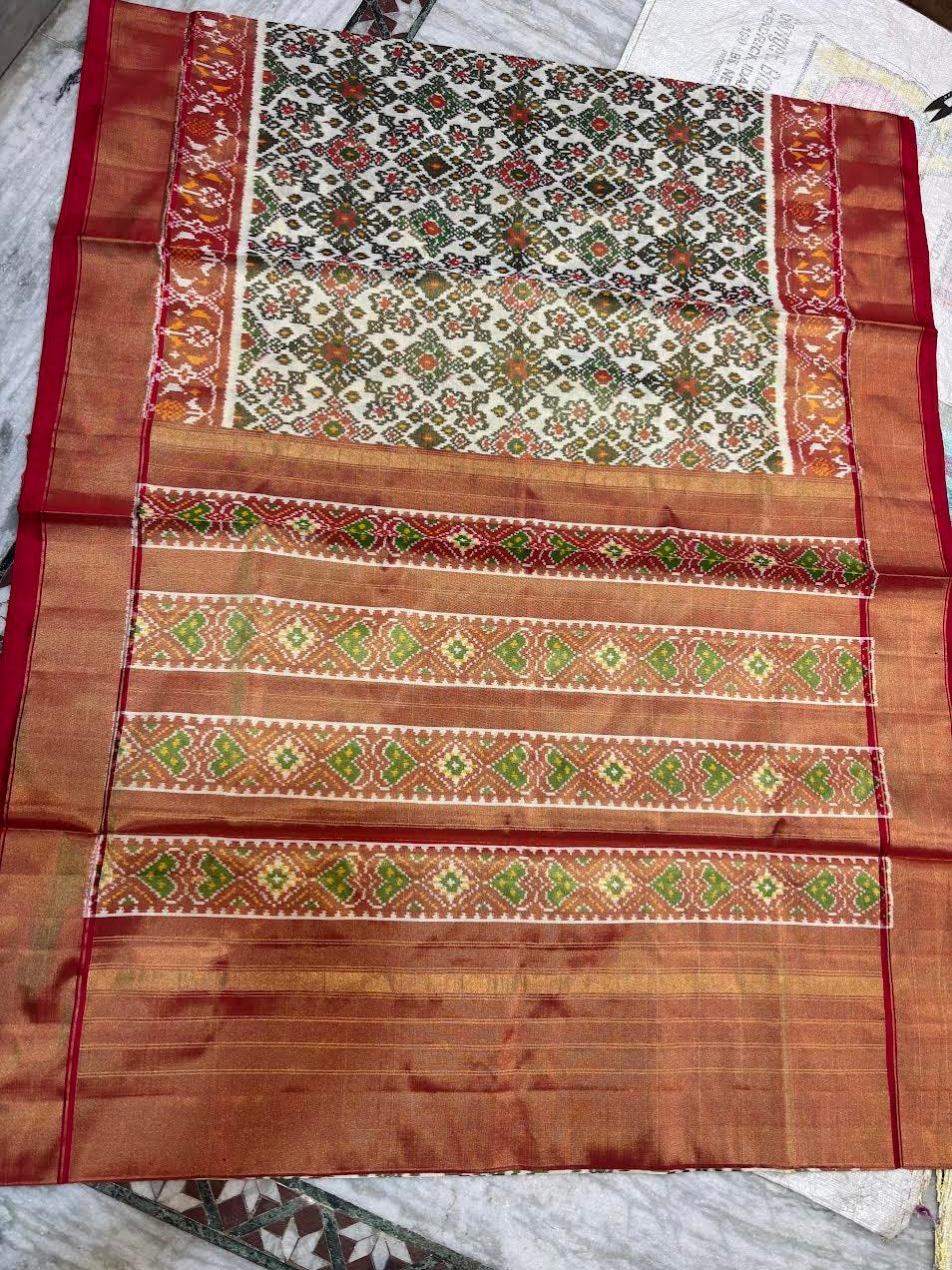 Premium Cream & Copper-Red Ikkat Tissue Silk Saree | Geometric Pochampally Handloom with Zari Border | Festive Wedding Wear - pochampallysarees.com