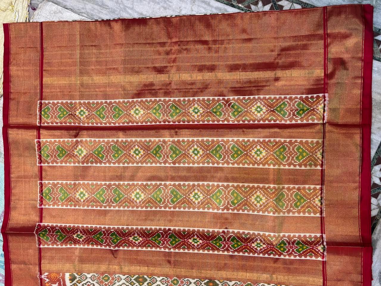 Premium Cream & Copper-Red Ikkat Tissue Silk Saree | Geometric Pochampally Handloom with Zari Border | Festive Wedding Wear - pochampallysarees.com