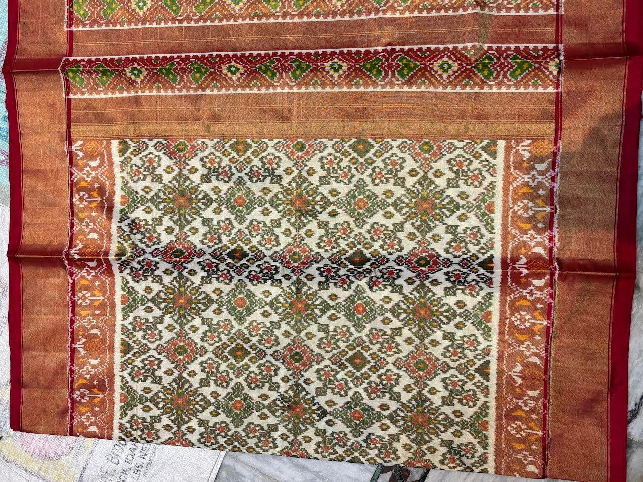 Premium Cream & Copper-Red Ikkat Tissue Silk Saree | Geometric Pochampally Handloom with Zari Border | Festive Wedding Wear - pochampallysarees.com