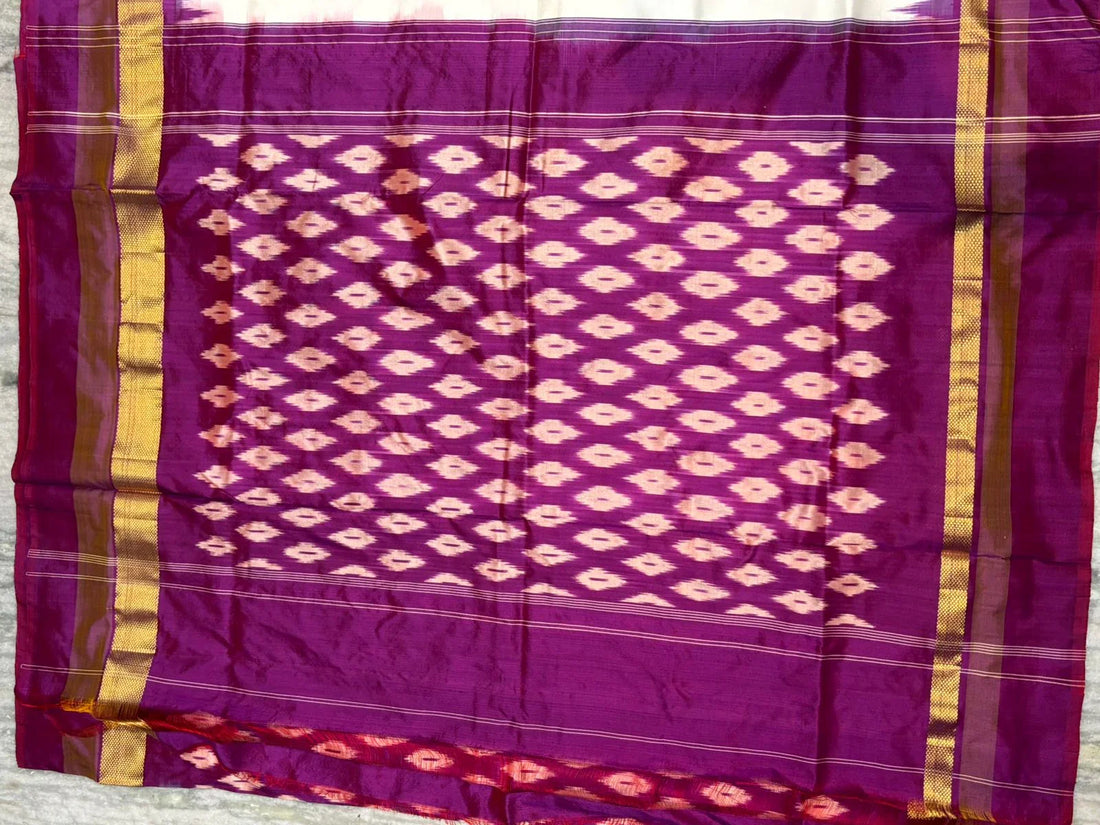 Pure Ikkat Silk Saree in Off-White with Rich Purple Temple Border & Zari Pallu | Traditional Festive Wear - pochampallysarees.com