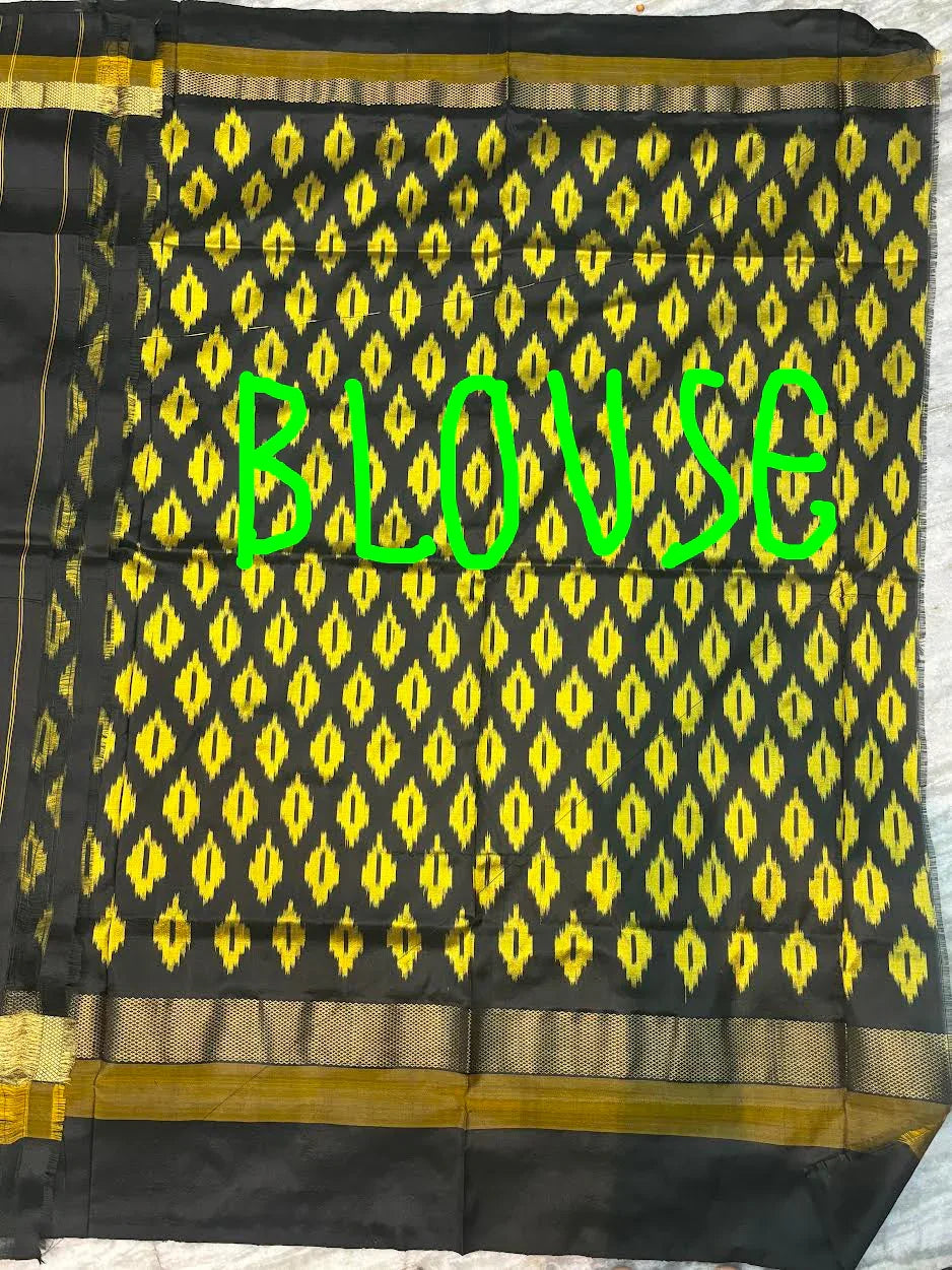 Pure Ikkat Silk Saree in Vibrant Yellow & Black | Traditional Temple Border with Geometric Diamond Pallu | Handloom Party Wear Saree with Blouse Piece - pochampallysarees.com
