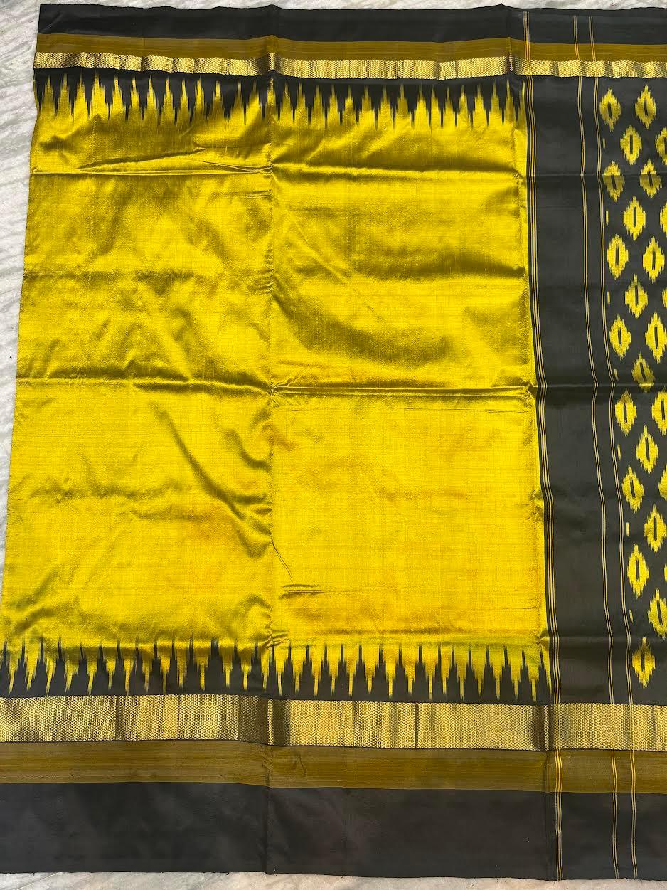 Pure Ikkat Silk Saree in Vibrant Yellow & Black | Traditional Temple Border with Geometric Diamond Pallu | Handloom Party Wear Saree with Blouse Piece - pochampallysarees.com