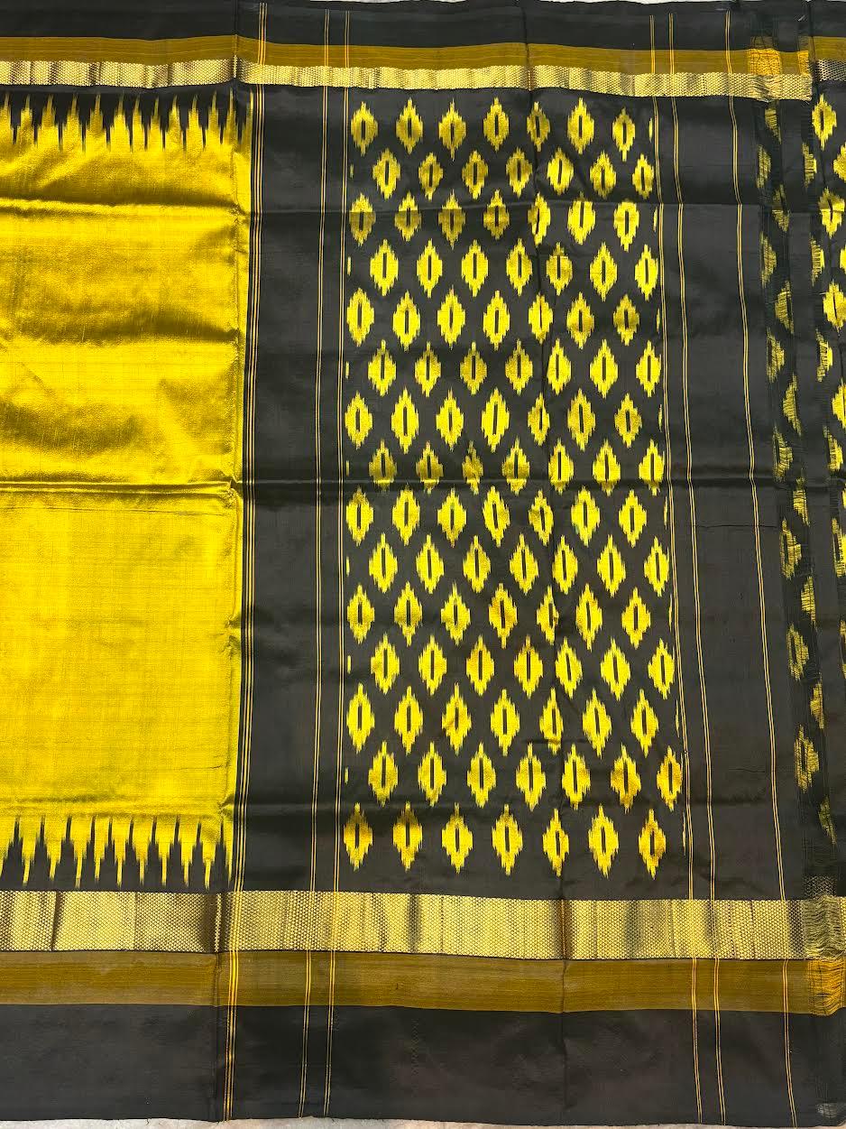 Pure Ikkat Silk Saree in Vibrant Yellow & Black | Traditional Temple Border with Geometric Diamond Pallu | Handloom Party Wear Saree with Blouse Piece - pochampallysarees.com