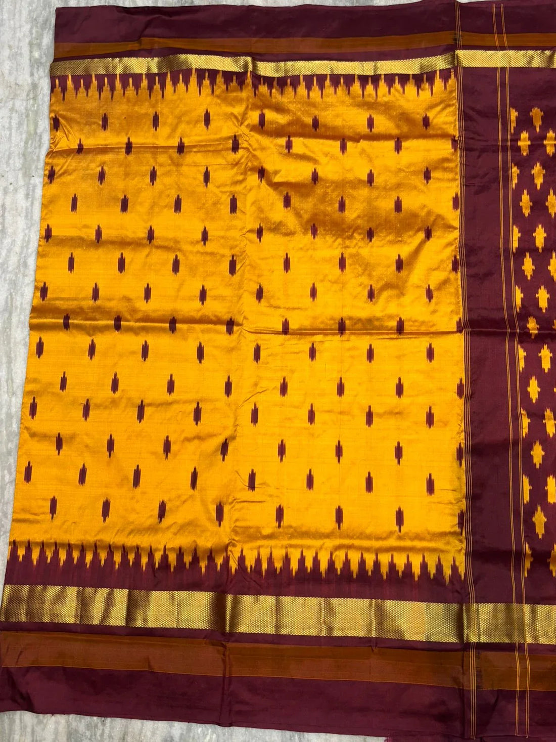 Elegant Mustard Yellow & Maroon Pure Ikkat Silk Saree with Gold Zari Border | Traditional Festive & Wedding Wear - pochampallysarees.com