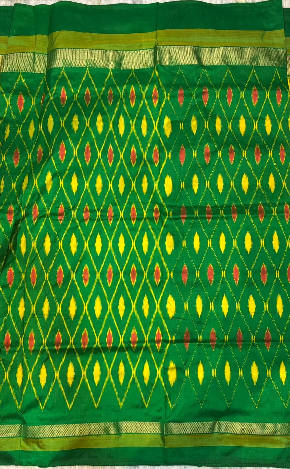 Pure Ikkat Silk Saree in Vibrant Yellow & Emerald Green | Traditional Temple Border with Woven Zari - pochampallysarees.com