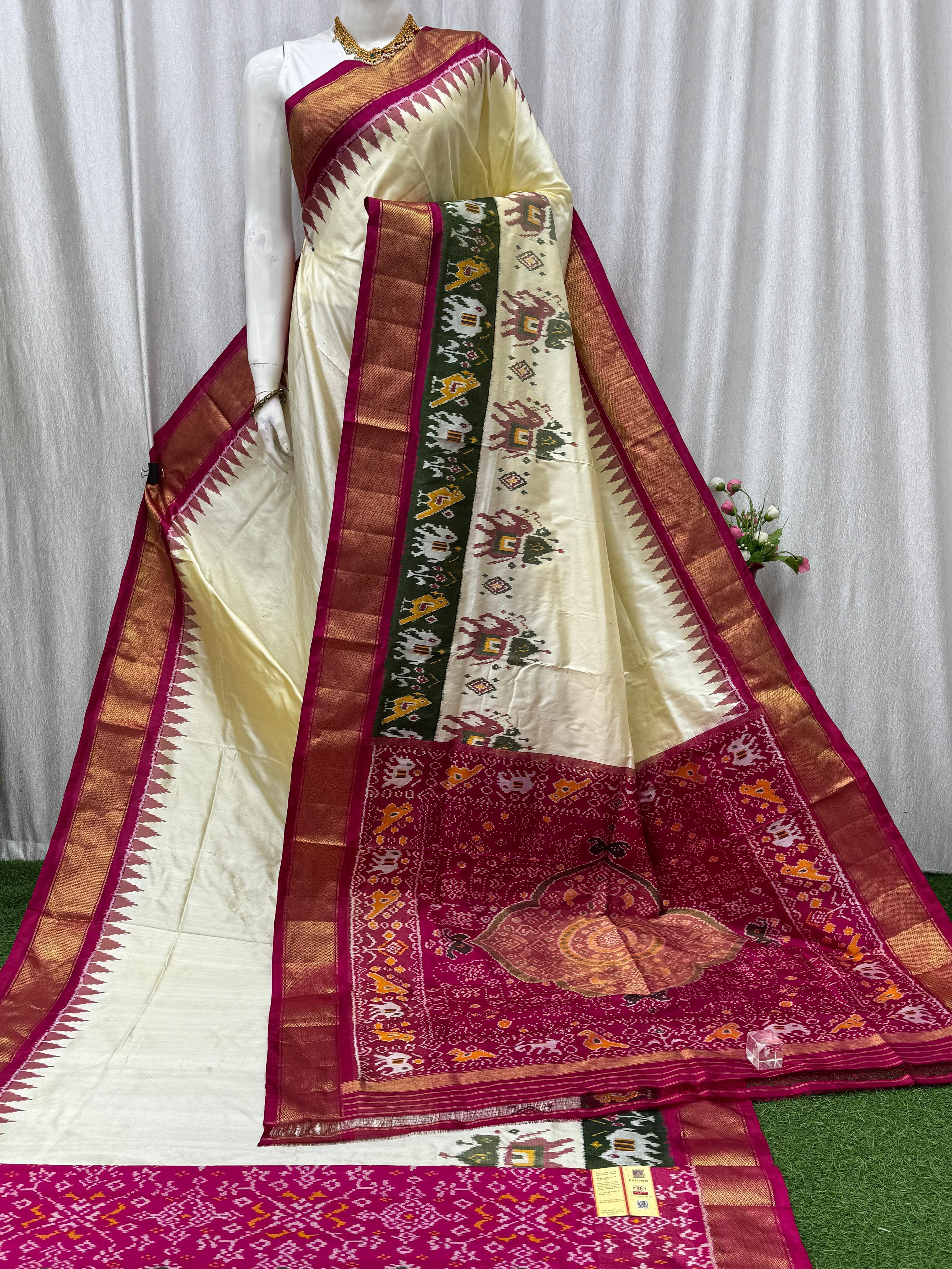 Pure Handloom Ikkat Silk Saree in Cream & Magenta | Traditional Pochampally Silk with Elephant Motifs, Temple Zari Border & Designer Pallu | Wedding & Festive Wear - pochampallysarees.com