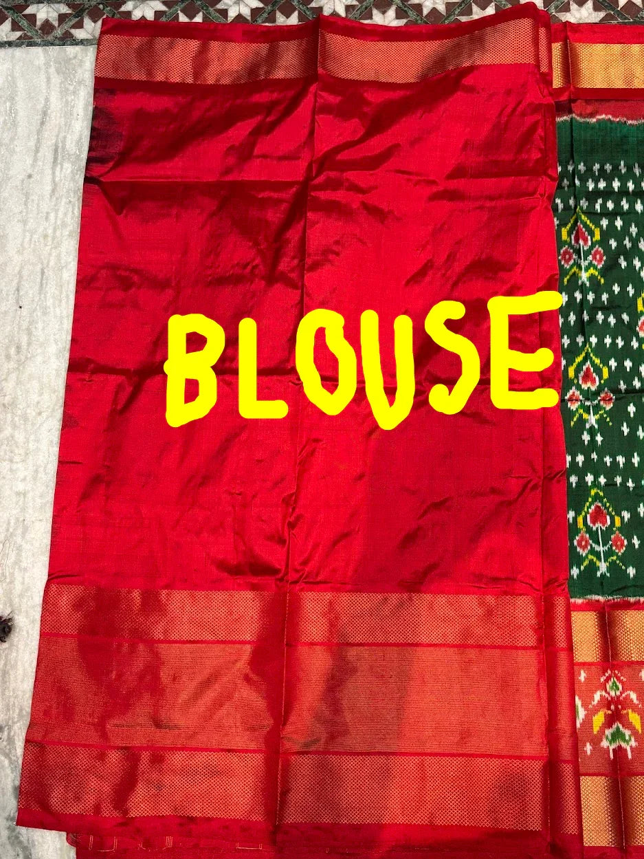 Premium Green & Red Pure Ikkat Silk Saree | Traditional Parrot & Elephant Motifs | Rich Gold Zari Border - pochampallysarees.com