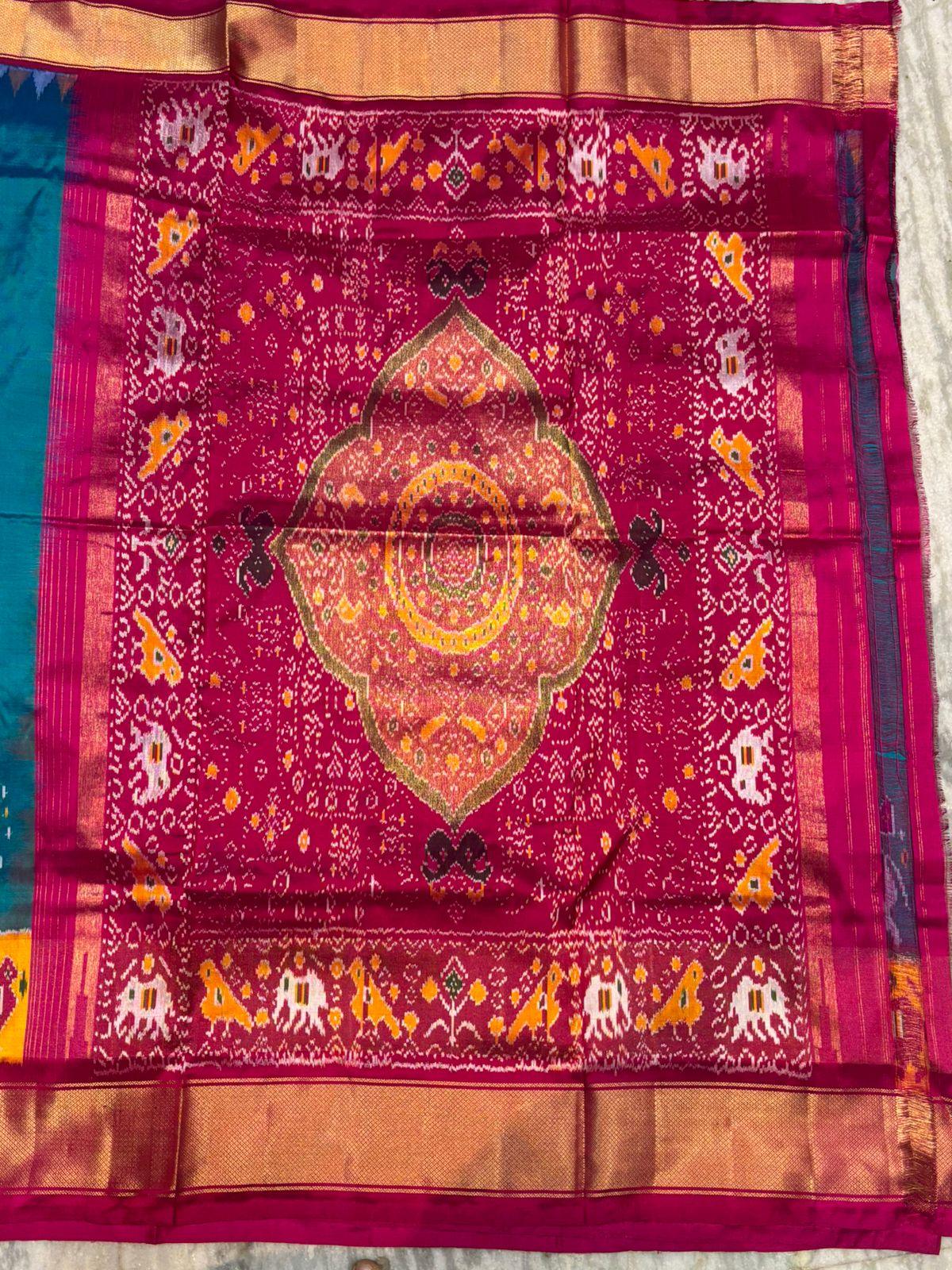 Pure Pochampally Ikkat Silk Saree in Teal & Magenta | Elephant Motif Border | Traditional Handloom Pattu Saree - pochampallysarees.com