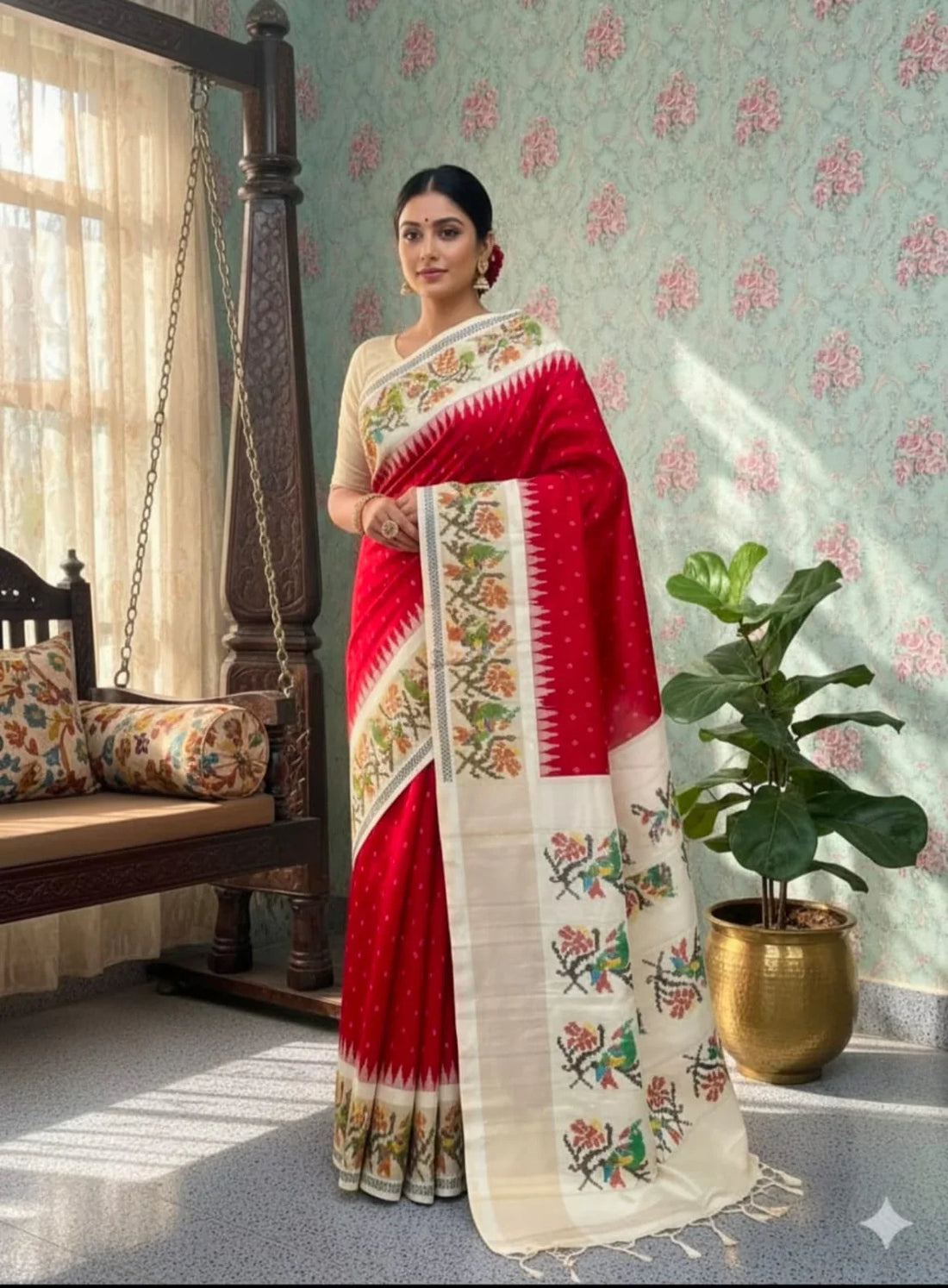 Pure Red Pochampally Ikkat Silk Saree with Cream Floral Temple Border | Silk Mark Certified Handloom Wedding Sari - pochampallysarees.com