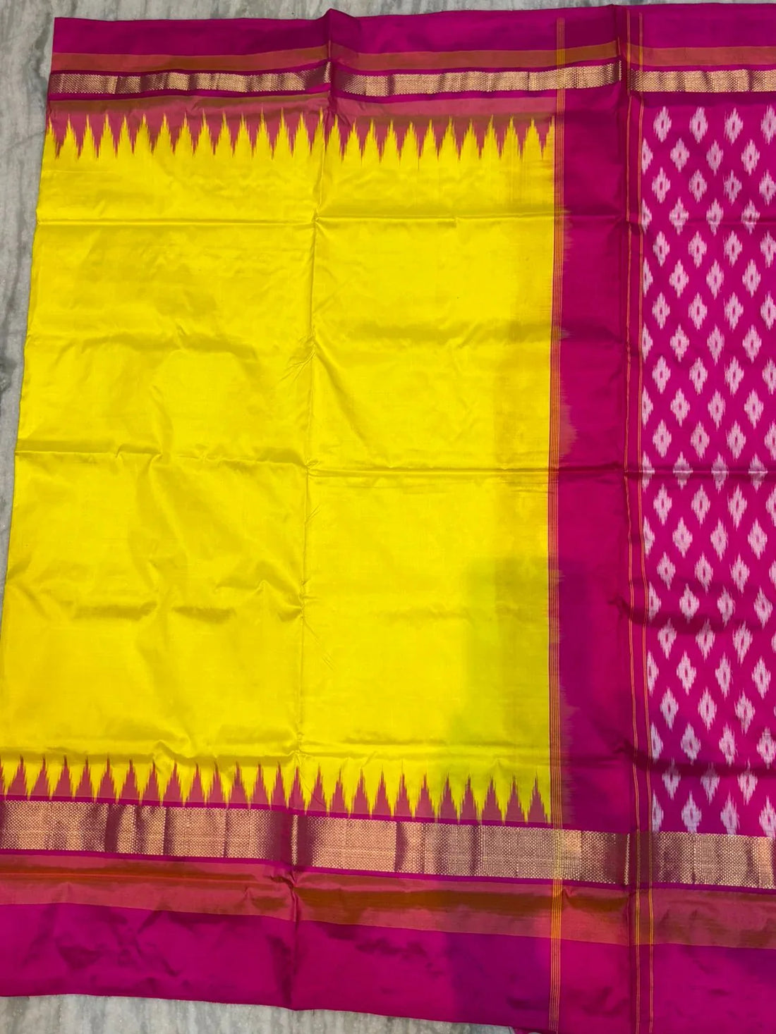 Traditional Yellow & Pink Ikkat Silk Saree with Temple Border - pochampallysarees.com