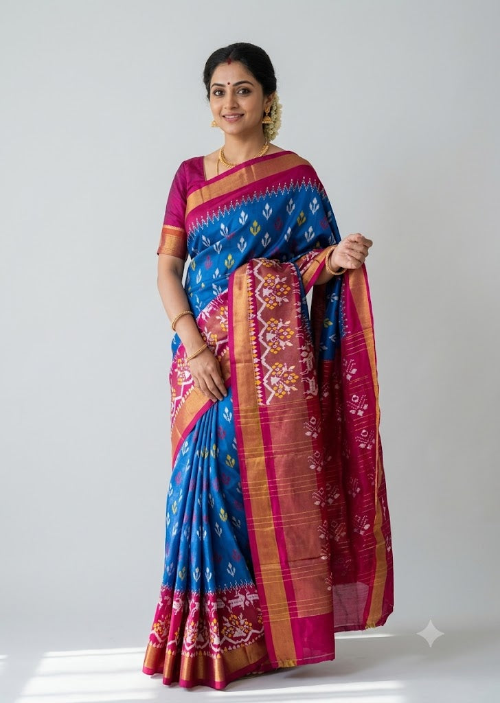 Ikkat-Silk-Blue-Pink-Saree-pochampallysarees.com