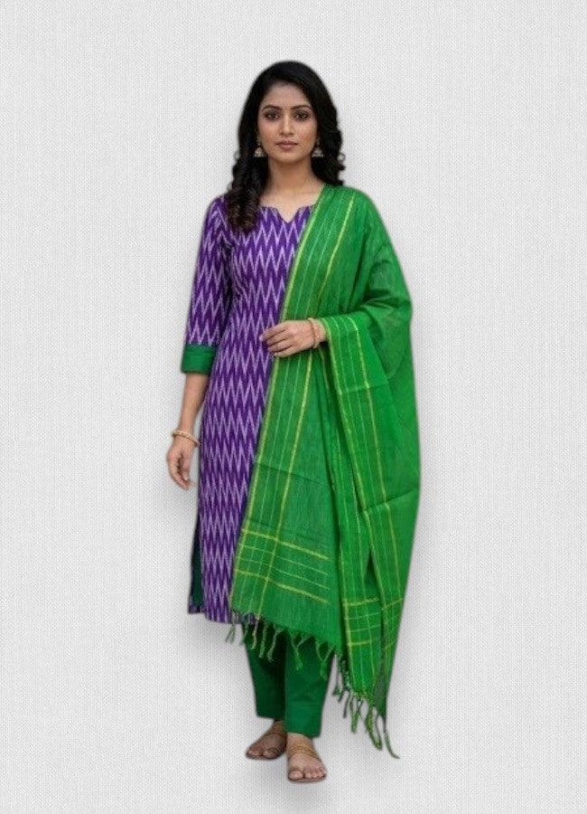 Purple Zig-Zag Ikat & Emerald Green Handloom Suit Set - pochampallysarees.com
