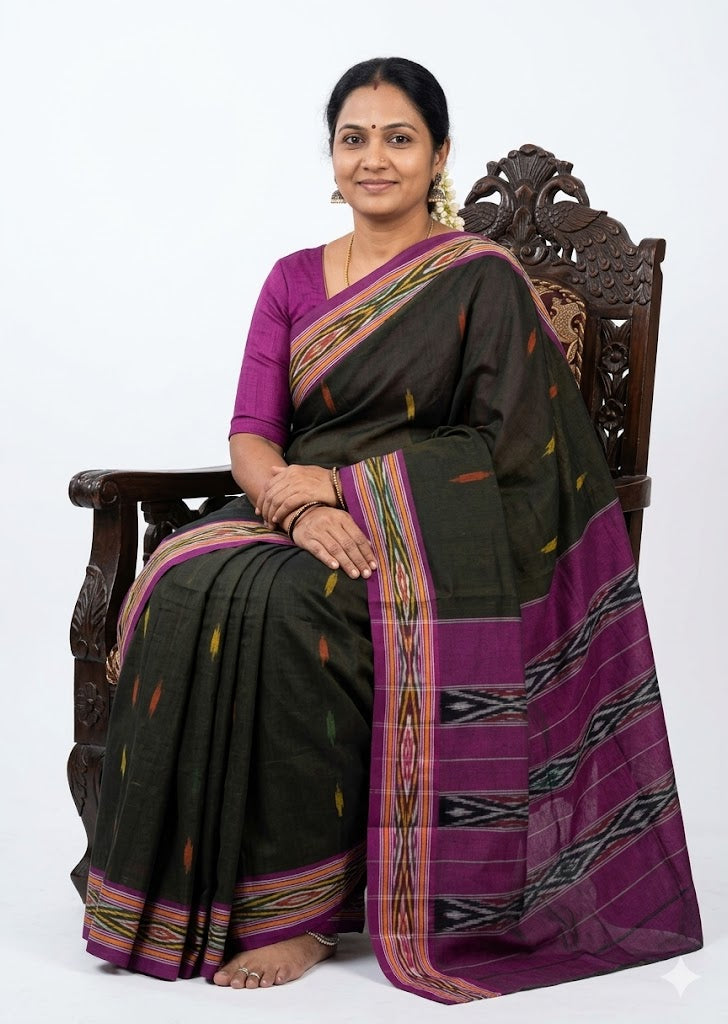 Dark Olive Green and Purple Pochampally Ikat Cotton Saree - pochampallysarees.com