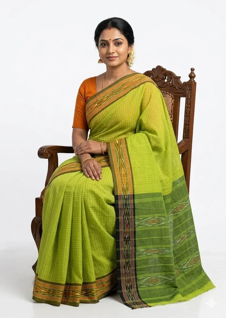 Vibrant Lime Green Checked Pochampally Ikat Cotton Saree - pochampallysarees.com