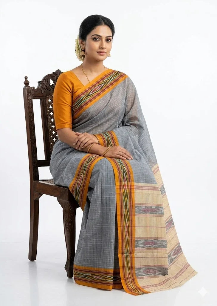Elegant Grey Checked Pochampally Ikat Cotton Saree - pochampallysarees.com