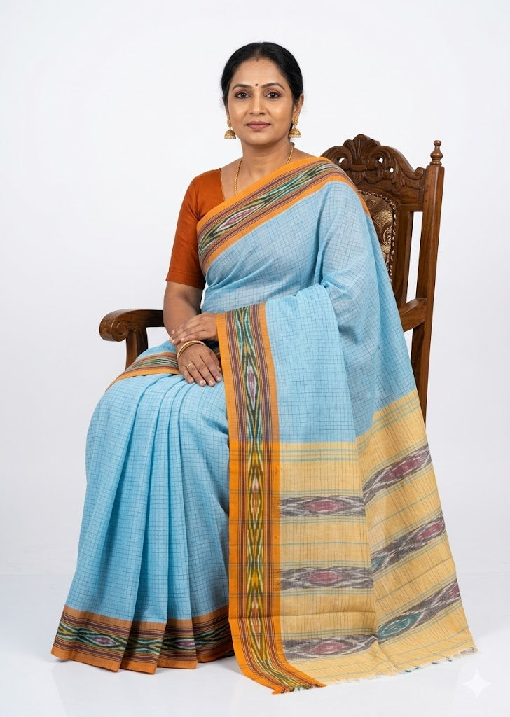 Sky Blue Checked Pochampally Ikat Cotton Saree - pochampallysarees.com