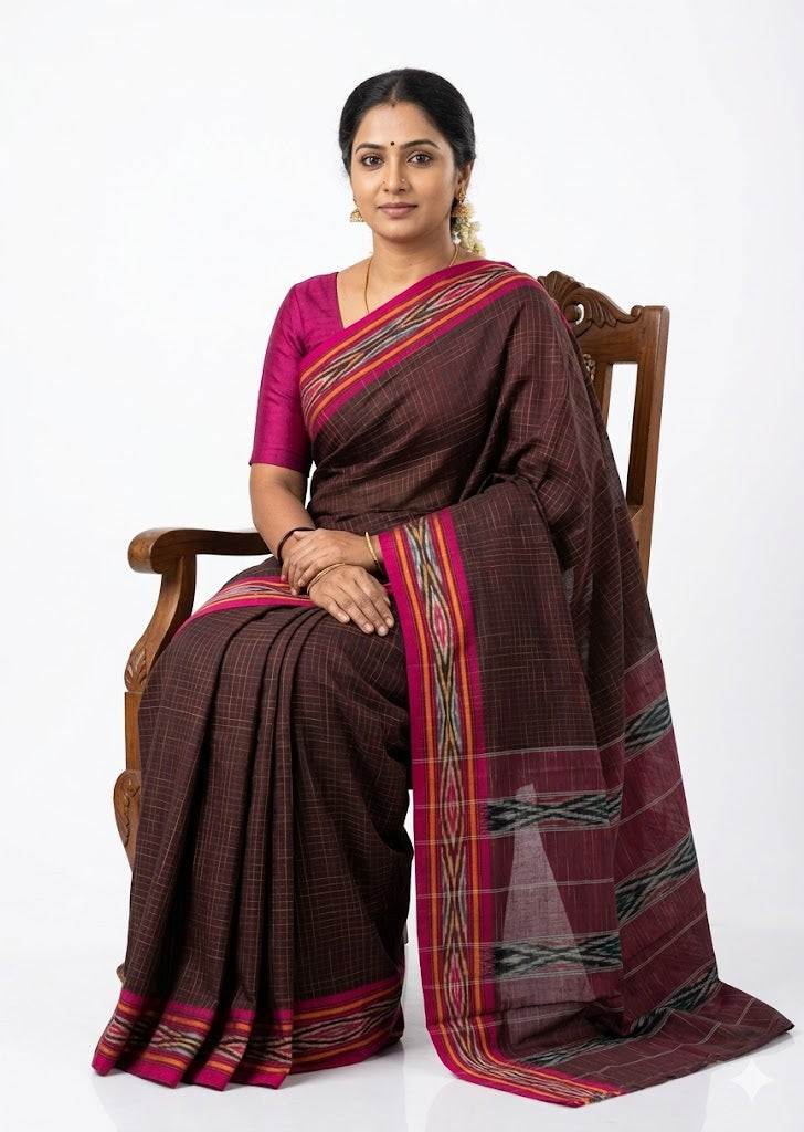 Deep Maroon Checked Pochampally Ikat Cotton Saree - pochampallysarees.com