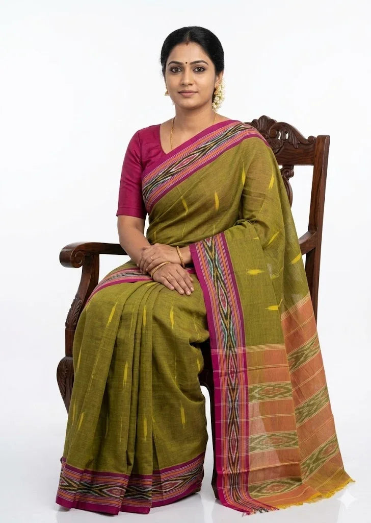 Earthy Olive Green Pochampally Ikat Cotton Saree - pochampallysarees.com