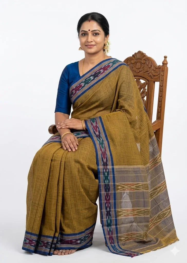Earthy Olive Mustard Pochampally Ikat Cotton Saree - pochampallysarees.com