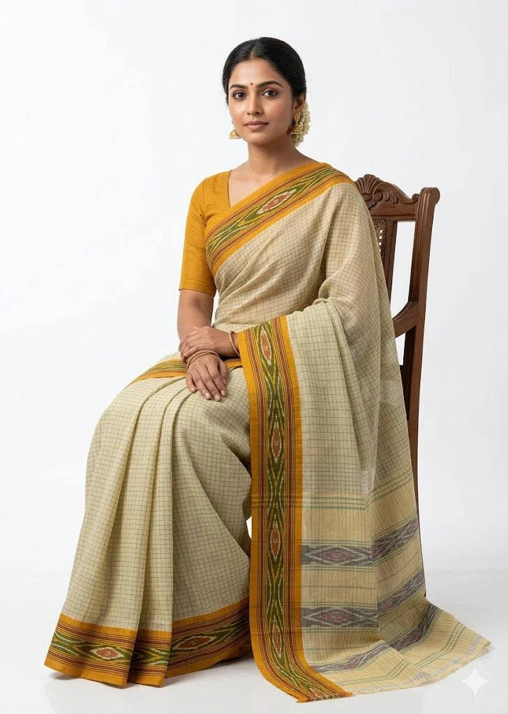 Pale Sage Green Checked Pochampally Ikat Cotton Saree - pochampallysarees.com