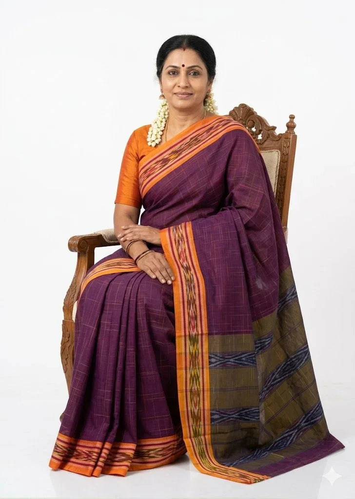 Rich Purple Checked Pochampally Ikat Cotton Saree - pochampallysarees.com