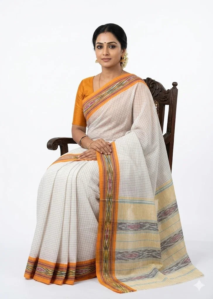 Authentic Handloom Pochampally Ikkat Cotton Saree - White Checked Body - pochampallysarees.com