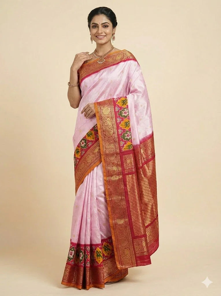 Pure Pochampally Ikat Kanchi Silk Saree – Lavender & Pink with Rich Gold Zari Border | Traditional Handloom Wedding Saree - pochampallysarees.com
