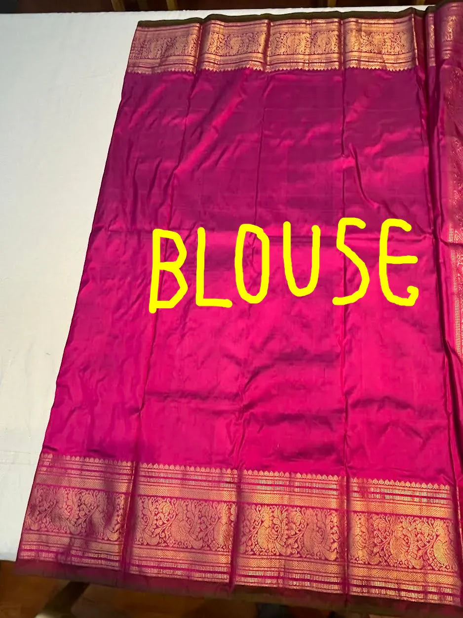 Pure Pochampally Ikat Silk Saree with Heavy Kanchi Gold Zari Border | Dual-Tone Magenta & Purple Fusion Wedding Saree - pochampallysarees.com