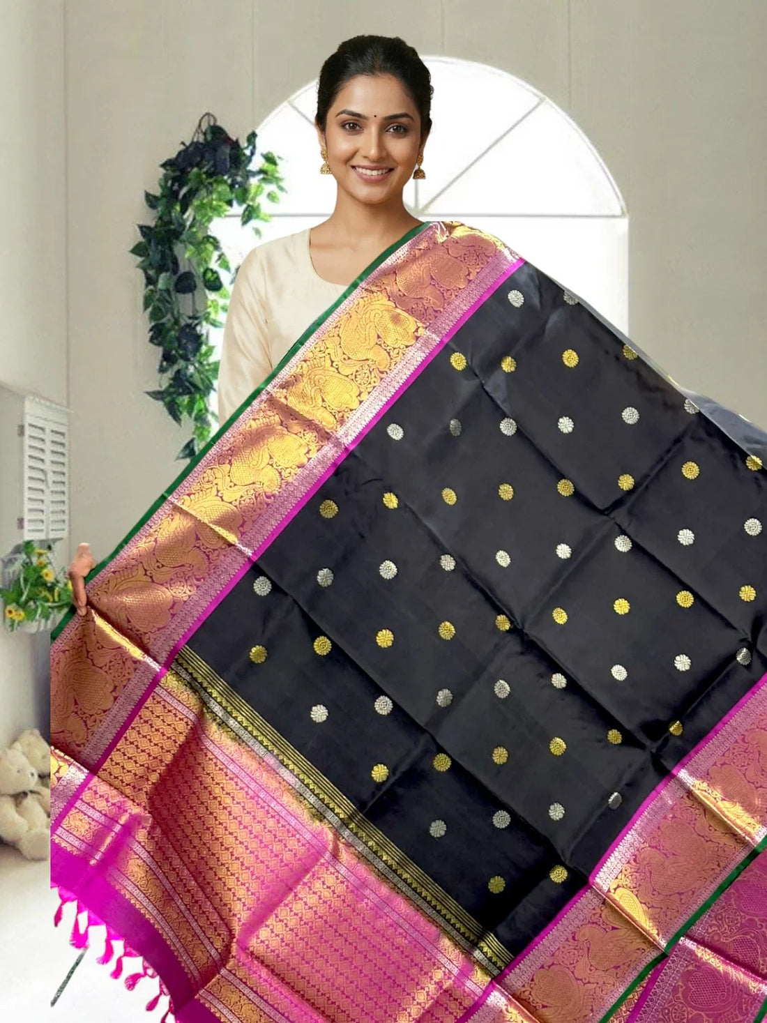 kanchipuram silk dupatta Black Pink - pochampallysarees.com