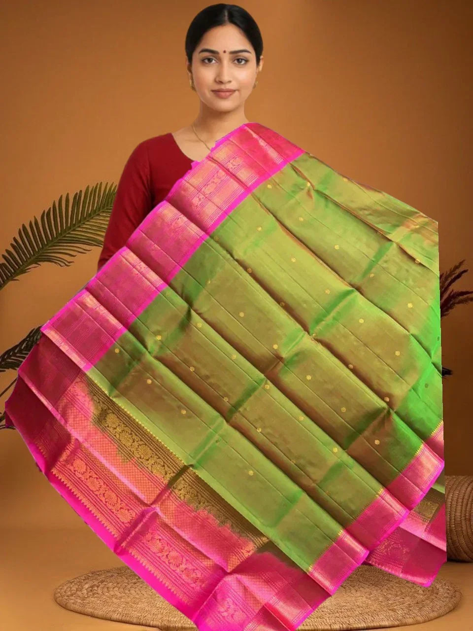 kanchipuram silk dupatta Parrot Green Pink - pochampallysarees.com