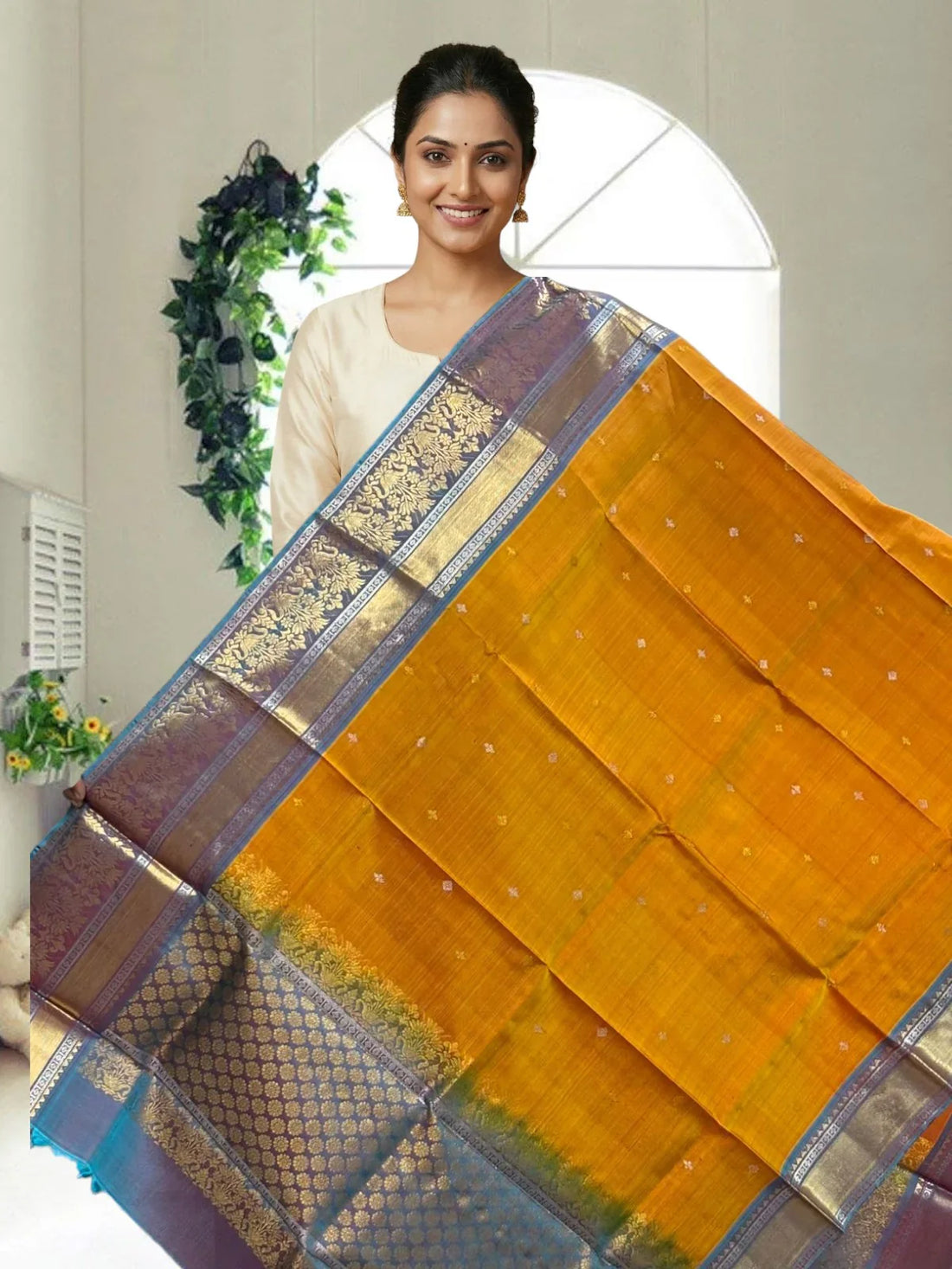 kanchipuram silk dupatta Yellow Blue - pochampallysarees.com