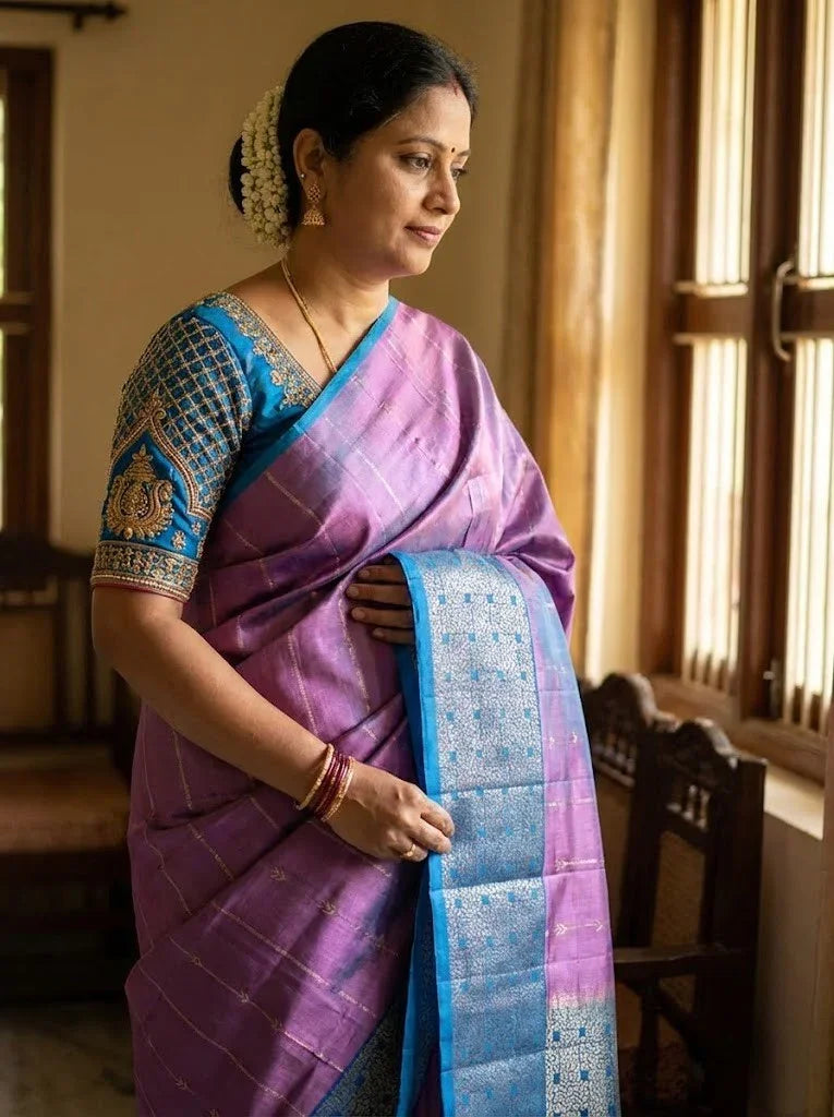 Lavender Purple Kanchi Soft Silk Saree with Contrast Ananda Blue Zari Border | Lightweight Festive Wear - pochampallysarees.com