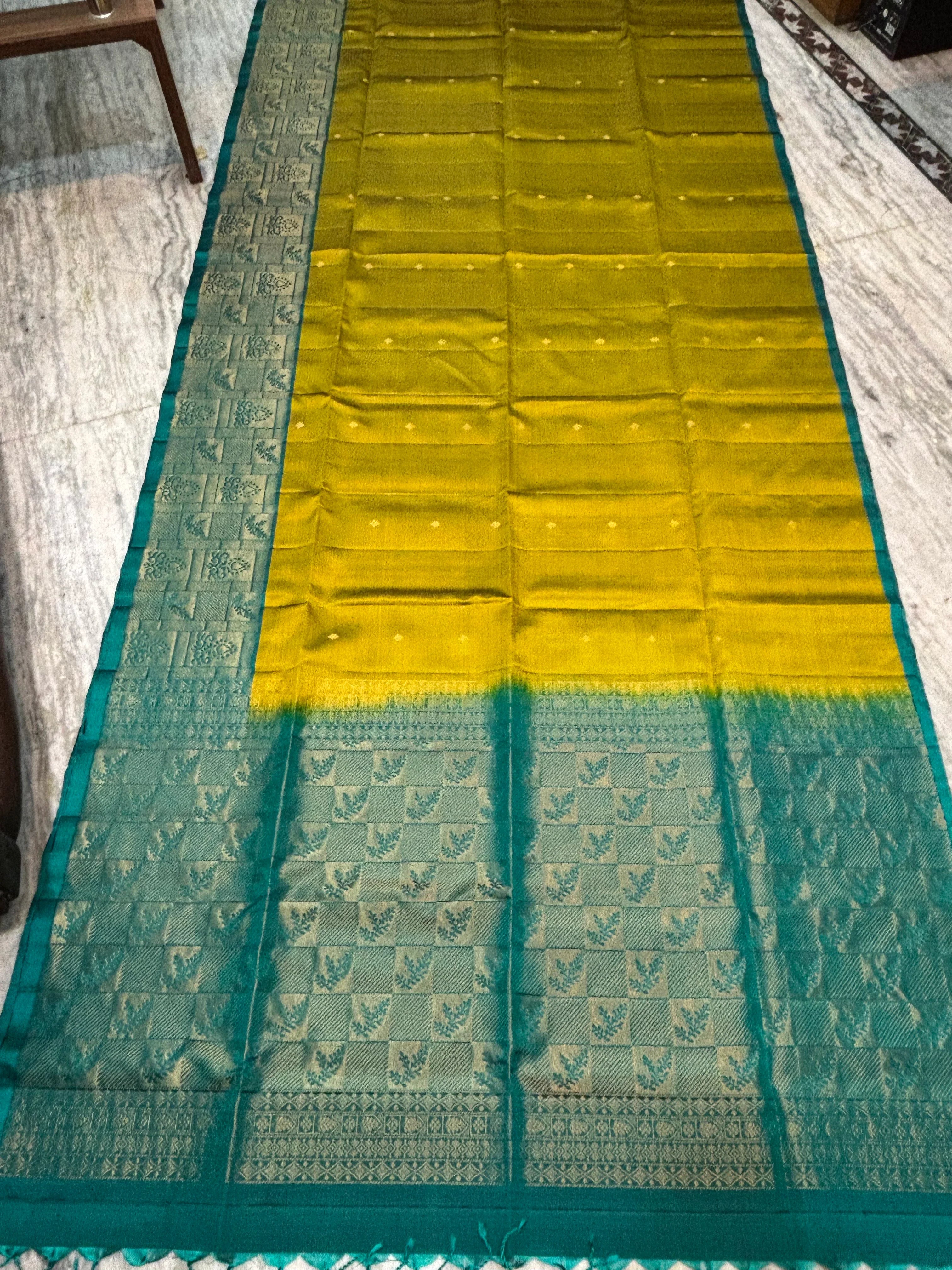Mustard Yellow & Teal Kanchi Soft Silk Saree with Geometric Zari Border - pochampallysarees.com
