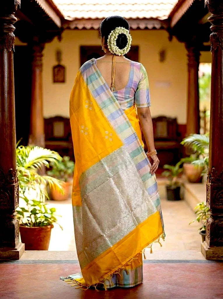 Soft Silk Saree Yellow | Latest Kanchi Design with Striped Zari Border & Blouse Piece - pochampallysarees.com