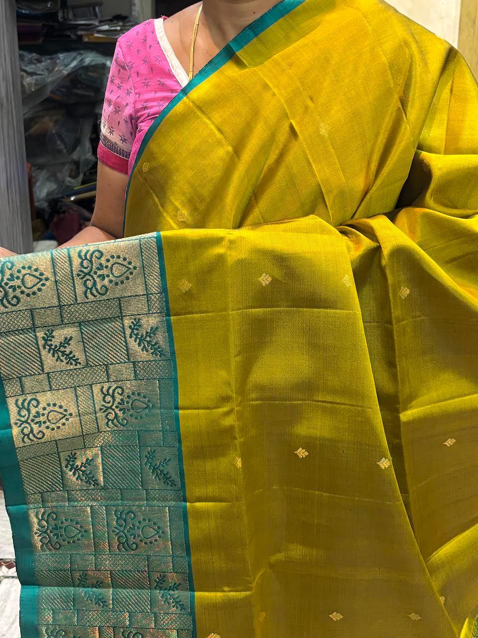 Mustard Yellow & Teal Kanchi Soft Silk Saree with Geometric Zari Border - pochampallysarees.com